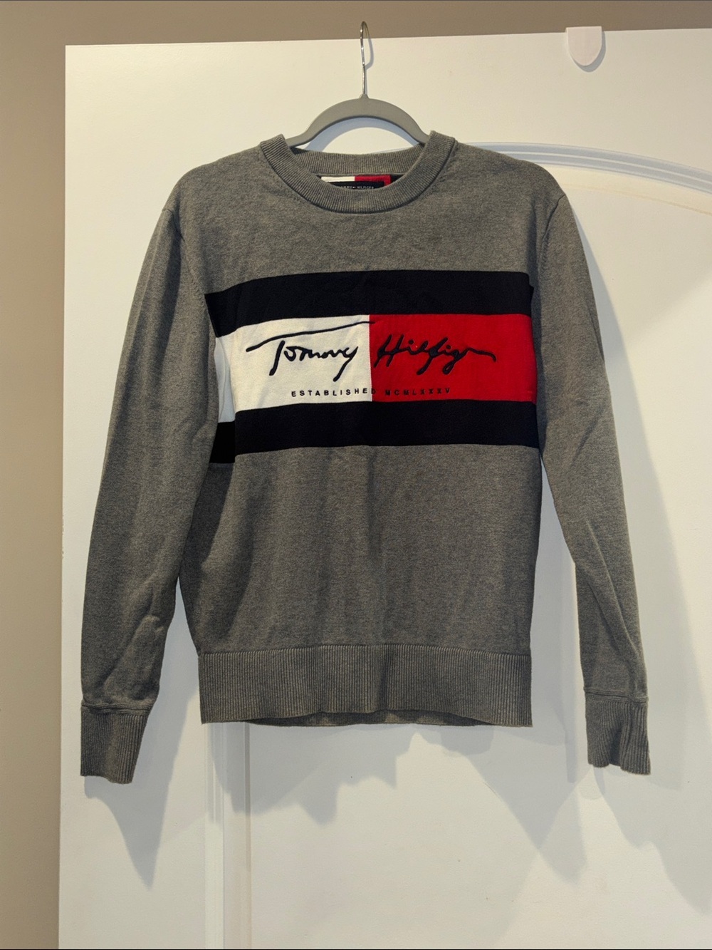 Tommy Hilfiger Gray Crewneck Sweater with Red, White & Black Chest Stripe